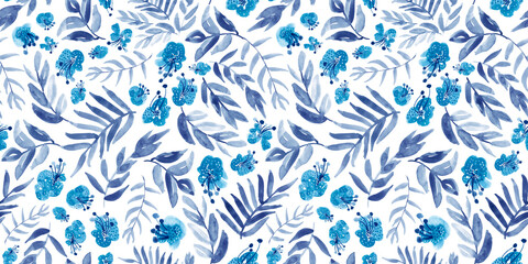 Watercolor floral in azure and indigo. Seamless pattern. - 621319055