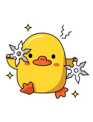 Dangerous cute duck with different weapons. Holds shurikens. Vector graphic.