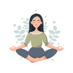 A young Asian woman is sitting in the lotus position. Yoga classes, meditation, breath control, relaxation. Vector illustration