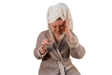A girl with symptoms of a cold holds a glass of water in her hand on a transparent background. Headache. The concept of medicine, pharmacy, healthcare and home treatment