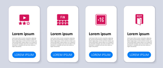 Set Fire exit, Plus 16 movie, Cinema auditorium with screen and Rating. Business infographic template. Vector
