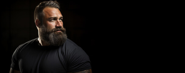 Brutal bearded man of strong physique on a black background.