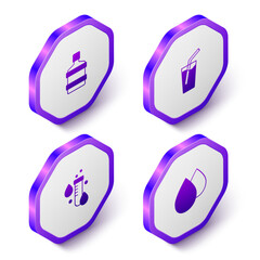 Set Isometric Big bottle with clean water, Glass, Test tube drop and Water icon. Purple hexagon button. Vector