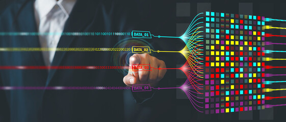 data science and big data technology Business people calculate, analyze and display complex data sets. data mining artificial intelligence machine learning business analysis