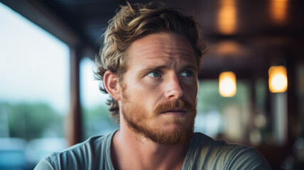 Obraz premium adult man, sitting in the tropical at a small local restaurant, pensive or sad, worries and problems, fictional place