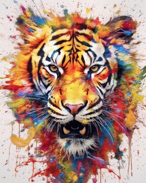 fluidity and unpredictability of watercolors by creating a dynamic and energetic tiger print. bold brushstrokes and splashes of color to depict the tiger movement and power
