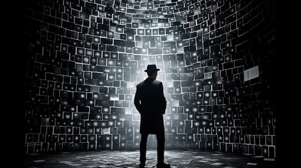 a dark tower, abstract, a man in a hat and coat, detective, a riddle or mystery, mysterious, photographs photographs, fictional - obrazy, fototapety, plakaty