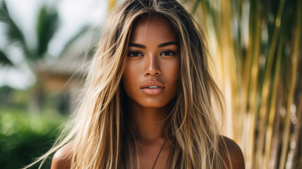 young adult woman with long hairstyle, blond strands dyed hair, in the tropics, palm trees beauty and tanned skin color, garden or nature or vacation, fictitious place