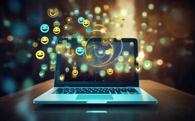 Emoticons, Smiles, Emoji, Fluttering, Floating, Laptop, Notebook, Pc, Computer. Three-dimensional Emoticons and smiley faces surround the laptop screen. Generative AI