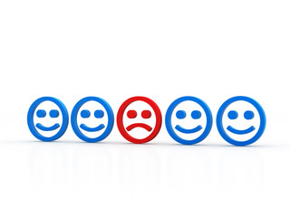 Group of smile faces neutral and one sad, Sad blue face in a group of smileys in white background. 3d Illustration