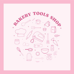 Bakery tools shop with outline icons banner