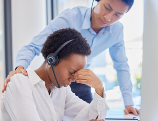 Fototapeta premium Sad, support and black woman at call center with a man after telemarketing fail or anxiety. Headache, tired and African customer service agent with stress from consulting job and a worker with help