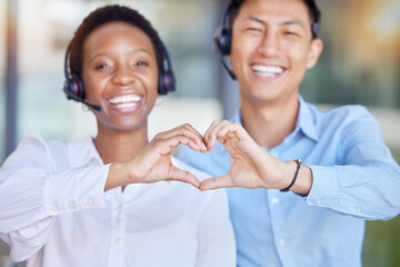 Heart hands, call center and portrait of business people consulting for crm or customer service....