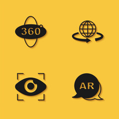 Set 360 degree view, Augmented reality AR, Big brother electronic eye and 3d modeling icon with long shadow. Vector