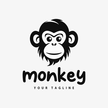 Monkey head logo, smile, abstract, black and white, vintage simple design isolated template vector illustration
