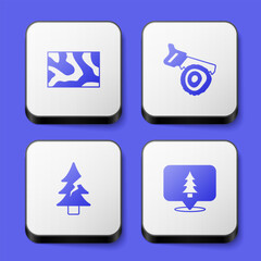 Set Wooden beam, Hand saw and log, Tree and Location of the forest icon. White square button. Vector