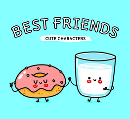Pink donut and glass of milk character. Vector hand drawn cartoon kawaii characters, illustration icon. Funny cartoon happy pink donut and glass of milk friends
