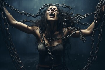 A young woman who is trying to get rid of the mental pressure, a woman who is trying to escape from the chains tied to the prison.  - Generated Ai