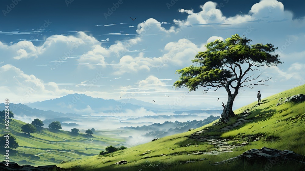 Poster a painting of a man standing on a hill with a tree in the foreground. generative ai