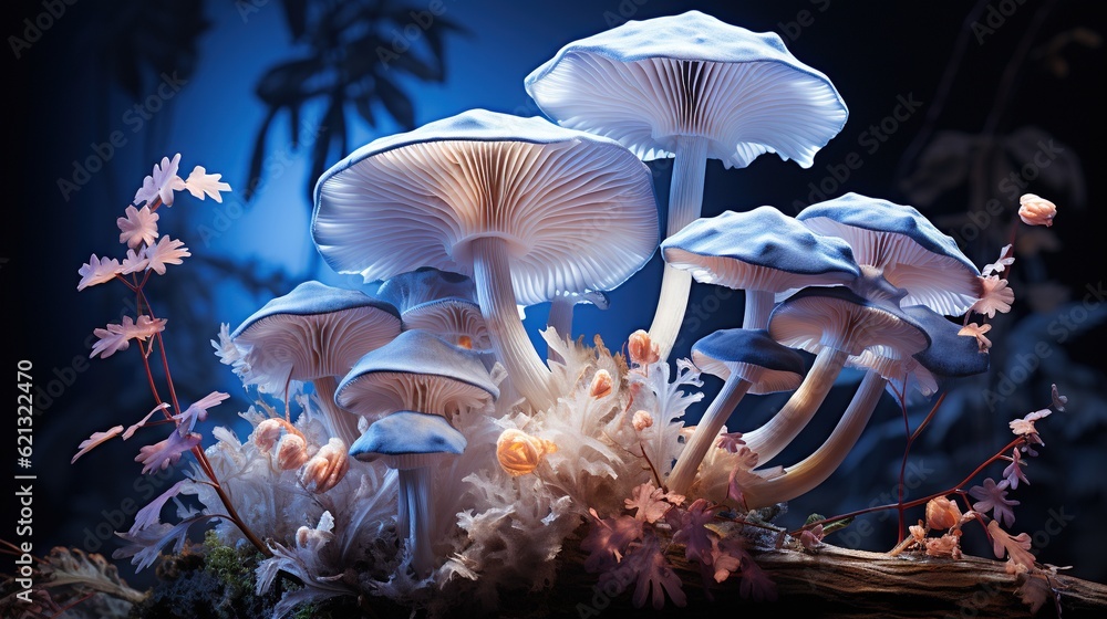 Poster a group of mushrooms that are sitting on a tree branch. generative ai