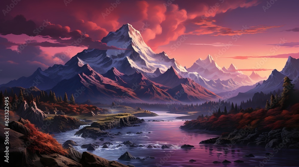 Poster a painting of a mountain with a river running through it. generative ai