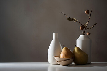 Minimalistic design in natural earth colors. Composition of different items. Two white ceramic vases with a branch, two brown bowls and two pears. Still life, modern art abstract design concept, copy  - obrazy, fototapety, plakaty