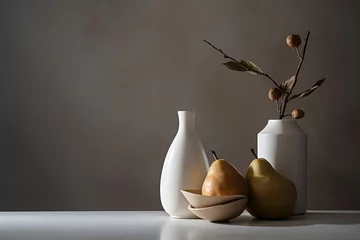 Foto op Plexiglas Minimalistic design in natural earth colors. Composition of different items. Two white ceramic vases with a branch, two brown bowls and two pears. Still life, modern art abstract design concept, copy  © Tetiana