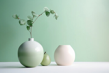 Minimalistic cozy light still life in white and green flowers, light ceramic vase with a green branch and green transparent vase on a white table, light green background