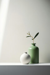 Minimalistic cozy light still life in white and green colors, a light green ceramic vase with a green branch and a white vase on a white table, light background.