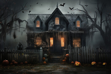 Fototapeta na wymiar Haunted House Adorned With Cobwebs Pumpkins