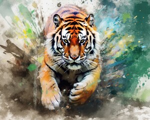 Fototapeta premium fluidity and unpredictability of watercolors by creating a dynamic and energetic tiger print. bold brushstrokes and splashes of color to depict the tiger movement and power