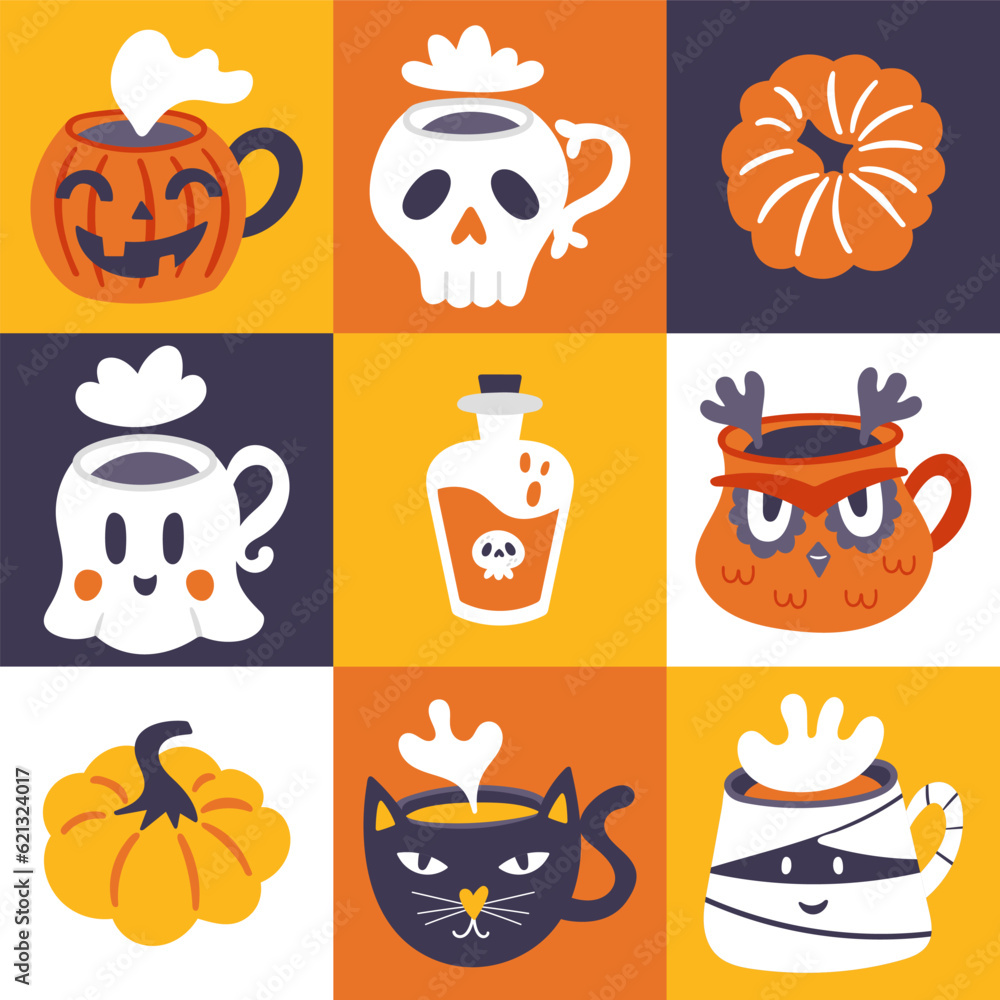 Wall mural halloween holiday cute pumpkin and coffee cup set. childish print for cards, stickers, party invitat