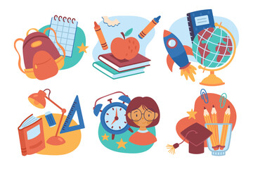 Back to school stickers design set. Childish print for badges, cards and decoration