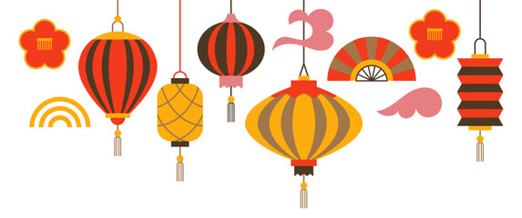 Mid autumn festival banner design with isolated Chinese lantern. Minimal geometric background. Vector illustration