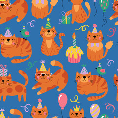 Birthday party seamless pattern background with cute cats. Childish print for invitation and templates