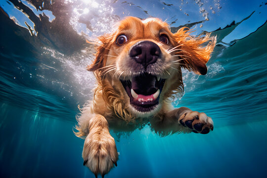 Dog diving underwater. AI Generative