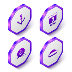 Set Isometric Anchor, Binoculars, and Sailor hat icon. Purple hexagon button. Vector