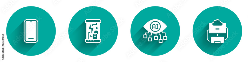 Poster set mobile phone, cryogenic capsules, computer vision and cloud database icon with long shadow. vect