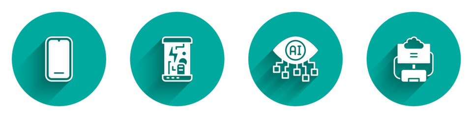 Set Mobile phone, Cryogenic capsules, Computer vision and Cloud database icon with long shadow. Vector