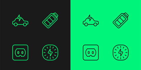 Fototapeta na wymiar Set line Lightning bolt, Electrical outlet, car and Battery charge icon. Vector