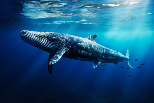 Beautiful blue whale in the ocean. Generative AI