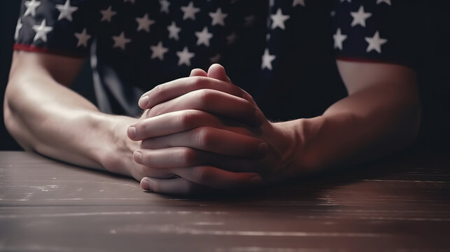 Hands praying over USA flag, Bright color. Generative Ai