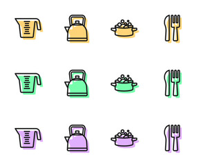 Set line Cooking pot, Measuring cup, Kettle with handle and Crossed knife fork icon. Vector