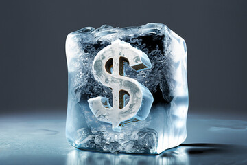 Dollar symbol inside ice cube on abstract background. 3D design.