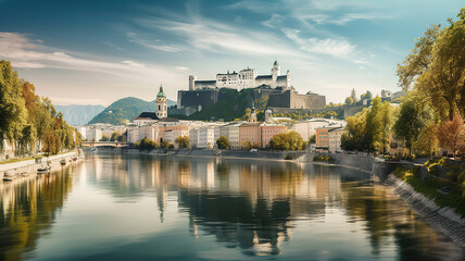 Salzburg winter panorama at christmas time, Austria. Generative Ai