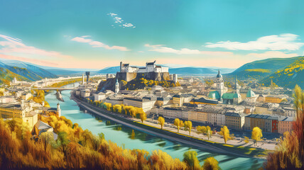 Obraz premium Panoramic view of Salzburg, Austria. Generative Ai