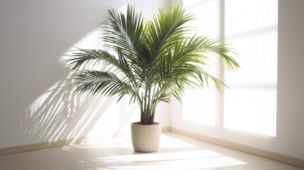 Empty bright room with large windows with a palm tree in a pot. AI generation