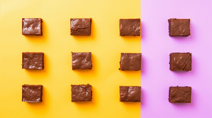 Brownies on colorful background. Copy Space on the side. Generative AI.