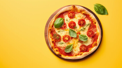 Margherita pizza on colorful background. Copy Space on the side. Generative AI.