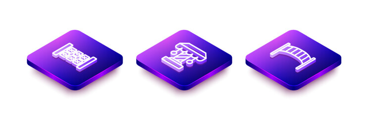 Set Isometric line Education logic game, Attraction carousel and Playground kids bridge icon. Vector